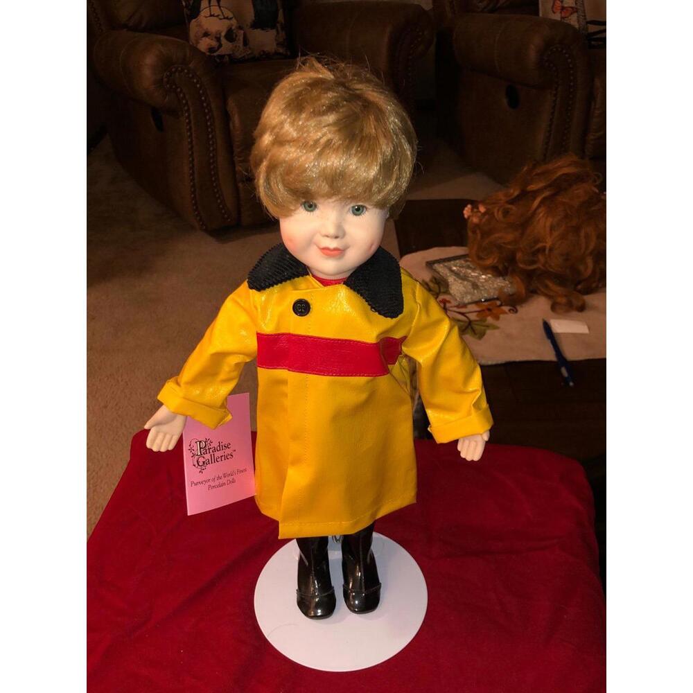 Paradise Galleries 13" PORCELAIN Doll Child In Rain Coat Boots + Doll Stand